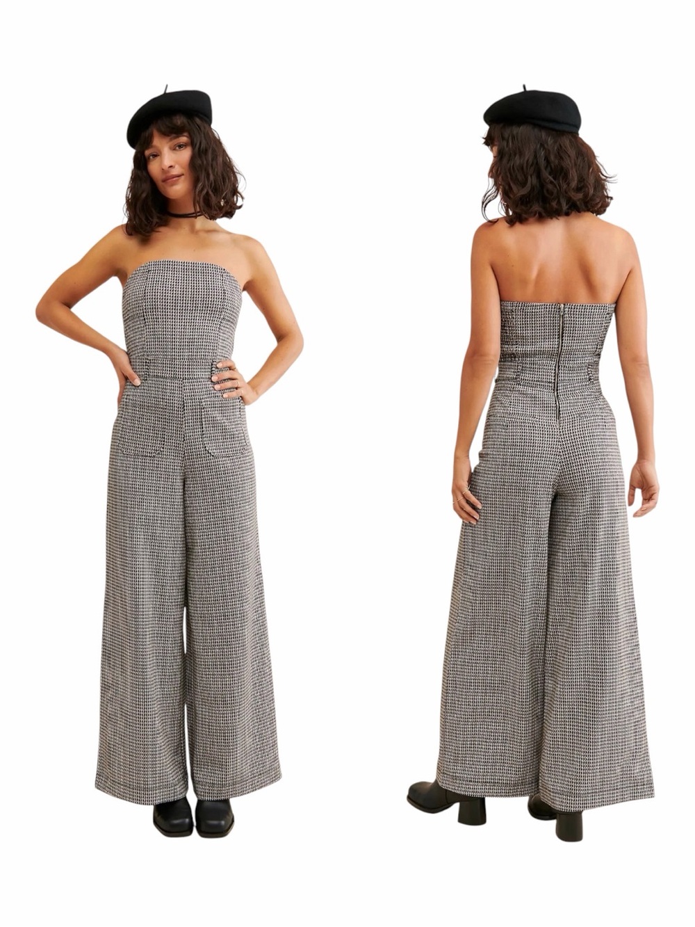 ANTHROPOLOGIE | Maeve Houndstooth Knit Strapless Wide Leg Jumpsuit. Size 6.